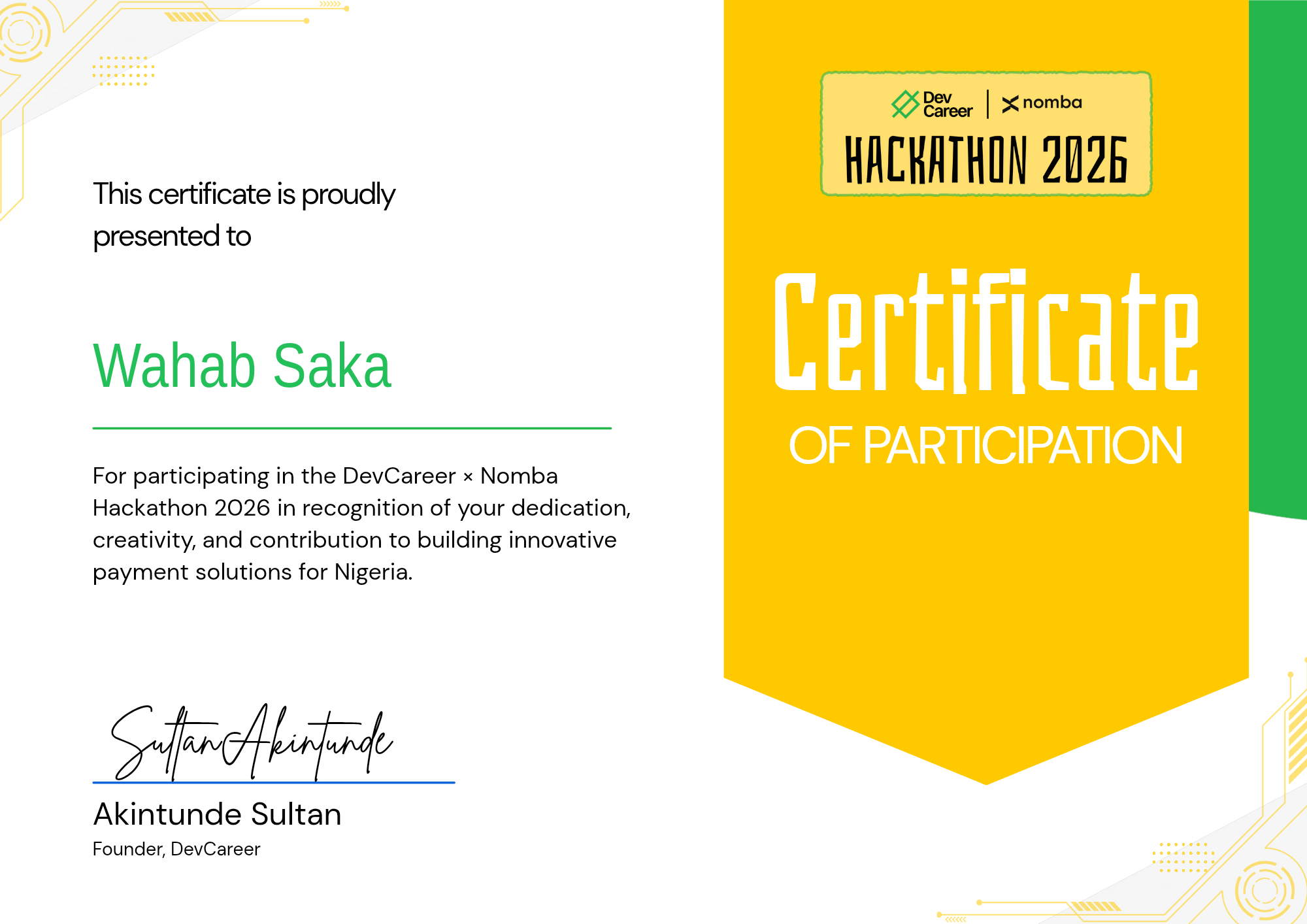 Certificate of participation, Nomba x DevCareer Hackathon 2026